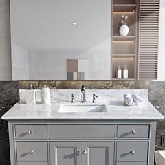 49''x22" Bathroom Stone Vanity Top Engineered Stone Carrara White Marble Color With Rectangle Undermount Ceramic Sink And 3 Faucet Hole With Back Splash . - Gray