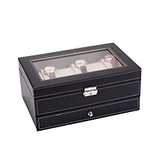 12 Slots Watch Box Mens Watch Organizer Lockable Jewelry Display Case With Real Glass Top Faux Leather Black--ys - Black