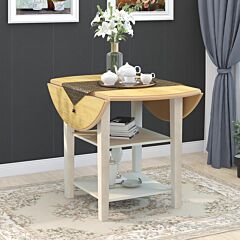 Farmhouse Round Kitchen Dining Table With Drop Leaf And 2-tier Shelves For Small Places - Natural