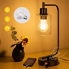 Stepless Dimmable Industrial Table Lamps With 2 Usb Ports & Ac Outlet, Bedside Nightstand Desk Lamps With Seeded Glass Shades For Bedroom Dorm Living Room - As Pic