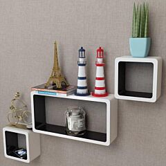 3 White-black Mdf Floating Wall Display Shelf Cubes Book/dvd Storage - White
