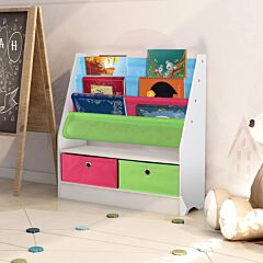Children\'s Bookcase With Box, 3 Straps Children\'s Bookshelf, Wooden And Fabric Baby Bookshelf With Toy Storage Box Children\'s Colorful Storage Box White - As Pic