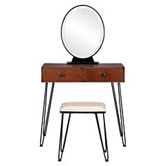 Vanity Set With 3 Color Dimming Touch Screen Lighted Mirror Makeup Mirror Dressing Mirror 2 Drawers And Cushioned Stool - Brown