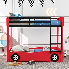 Twin Size Car-shaped Bunk Bed With Wheels - Red