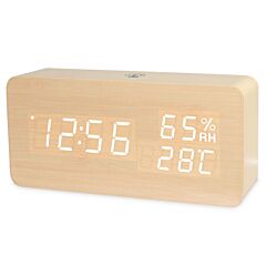 Smart App Led Wooden Digital Alarm Clock Voice Control Thermometer Humidity Display White - Bamboo