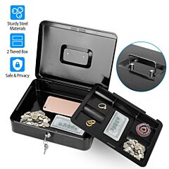 Steel Cash Box W/ Removable Tray Rustproof Money Bills Safe Locker - Black