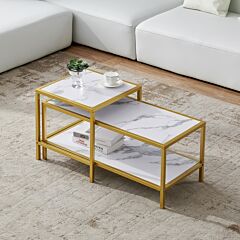Modern Nesting Coffee Table Square & Rectangle,golden Metal Frame With Wood Marble Color Top - Golden