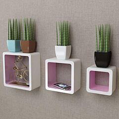 3 White-pink Mdf Floating Wall Display Shelf Cubes Book/dvd Storage - White