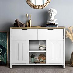 Storage Cabinet With 2 Drawers And 2 Doors And 2 Shelves, Industrial Accent Kitchen Cupboard, Free Standing Cabinet, Retro Wooden Sideboard, Side Cabinet, For Living Room, Bedroom, Hallway - Oak & White