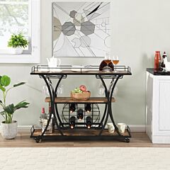 Industrial Black Bar Serving Cart For Home With Wine Rack And Glass Holder, 3-tier Shelves, Metal Frame - Black