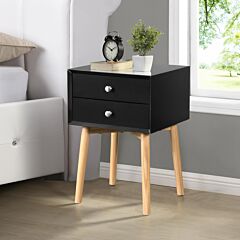 Side Table With 2 Drawer And Rubber Wood Legs, Mid-century Modern Storage Cabinet For Bedroom Living Room Furniture, Black - Black