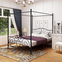 Metal Canopy Bed Frame With Vintage Style Headboard &amp; Footboard Sturdy Steel Holds 600lbs Perfectly Fits Your Mattress Easy Diy Assembly All Parts Included, Queen Black - As Picture