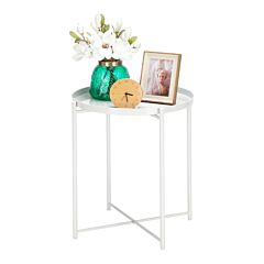 Artisasset Round Metal Countertop And Cross Base Wrought Iron Living Room Side Table Pearl White--ys - White