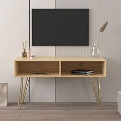 Modern Design Tv Stand Stable Metal Legs With 2 Open Shelves To Put Tv, Dvd, Router, Books, And Small Ornaments,fir Wood - Oak