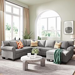 [video Provided] 113*87.8" Chenille Sectional Sofa Upholstered Rolled Arm Classic Chesterfield Sectional Sofa 3 Pillows Included - Gray