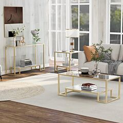 Modern, Minimalist Design Living Room 3-piece Table Sets, Metal With Stained White Tempered Glass, 2-tier End Table + Side Table + Coffee Table, Gold - Gold