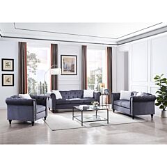 3 Piece Living Room Sofa Set, Including 3-seater Sofa, Loveseat And Sofa Chair, With Button And Copper Nail On Arms And Back, Five White Villose Pillow, Grey. - As Picture