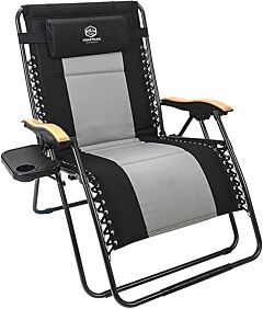 Outdoor Zero Gravity Chair Wood Armrest Padded Comfort Folding Patio Lounge Chair, Blue+black - Black+grey