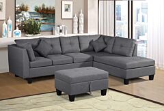 Sectional Sofa Set For Living Room With Right Hand Chaise Lounge And Storage Ottoman (grey) - Grey