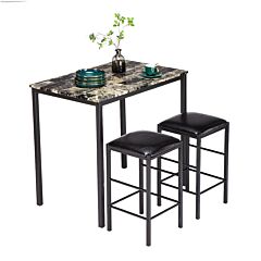 (90 X 60 X 82cm) Marble Face High Dining Table And Chair Cushion Black 3 Piece Set 1 Table 2 Chairs Rt - As Pic