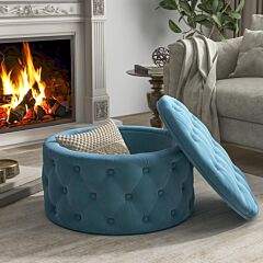 29.5"wide Classic Button Tufted Velvet Round Ottoman With Storage Living Room Footrest - Blue