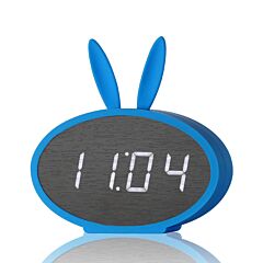 Cartoon Bunny Ears Led Wooden Digital Alarm Clock Voice Control Thermometer Display Blue - Blue
