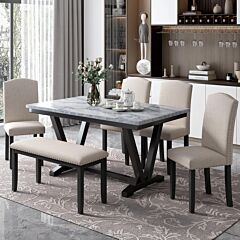 Modern Style 6-piece Dining Table With 4 Chairs & 1 Bench, Table With Marbled Veneers Tabletop And V-shaped Table Legs - White