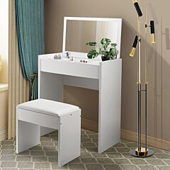 Dressing Table Set With Storage Compartment-white - White