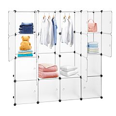 Modular Closet Organizer Plastic Cabinet, 16 Cube Wardrobe Cubby Shelving Storage Cubes Drawer Unit, Diy Modular Bookcase Closet System Cabinet With Doors For Clothes, Shoes, Toys, White Rt - White
