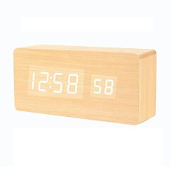 Led Wooden Digital Alarm Clock Snooze Voice Control Timer Thermometer Bamboo - Bamboo