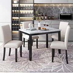 Faux Marble 5-piece Dining Set Table With 4 Thicken Cushion Dining Chairs Home Furniture, White/beige+black - White