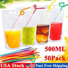 50pcs Drink Pouches Plastic Stand-up Juice Bag Hand-held Smoothie Bag W/ 50 Straws - Clear