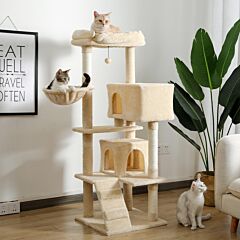 Multi-functional Cat Tree Tower With Sisal Scratching Post, 2 Cozy Condos, Top Perch, Hammock, Climbing Ladder And Dangling Ball Beige - Beige