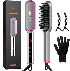 Hair Straightener Brush, Miropure Infrared Ionic Hair Straightening Brush, 13 Heat Settings With Led Screen & Anti-scald & Auto-off, Fast Heating Comb For Home Salon - Purple Gray