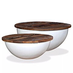 2 Piece Coffee Table Set Solid Reclaimed Wood White Bowl Shape - White