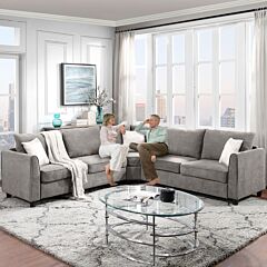 [video Provided] 100*100' Big Sectional Sofa Couch L Shape Couch For Home Use Fabric Grey 3 Pillows Included - Grey