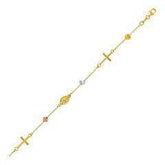 14k Tri Color Gold Bracelet with Crosses Cubes and Medallions