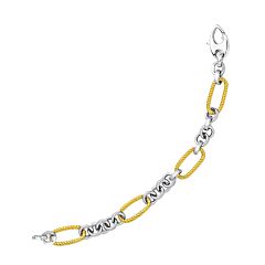 14k Two-Tone Gold Bracelet with Cable Textured Oval and Round Links