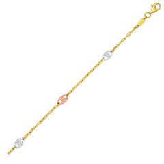 14k Three-Toned Yellow,  White,  and Rose Gold Anklet with Textured Ovals
