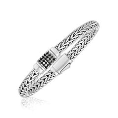 Sterling Silver Weave Style Bracelet with Black Sapphire Accents