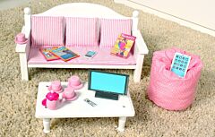 Playtime by Eimmie 18 Inch Doll Furniture   Couch and Coffee Table with Living Room Accessories   Fits American Generation My Life and Similar 14 18  Girl Dolls   White Wood Playset