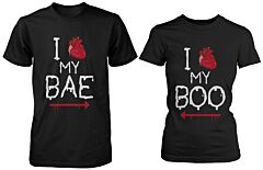I Heart My Bae and Boo Pointing Each Other Horror Matching Couple T-shirts for Halloween