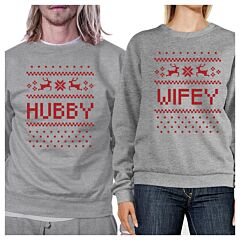 Pixel Nordic Hubby And Wifey Matching Couple Grey Sweatshirts