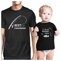 Best Fisherman Cutest Catch Dad and Baby Matching Black Shirt