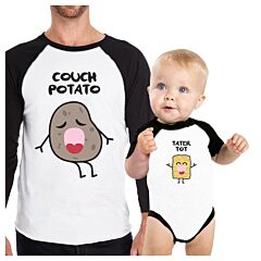 Couch Potato Tater Tot Dad and Baby Matching Black And White Baseball Shirts