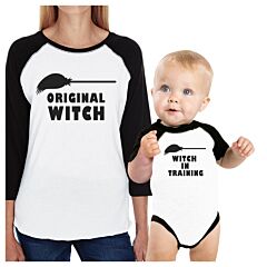 Original Witch And Witch In Training Mom and Baby Matching Black And White Baseball Shirts