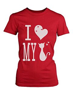 Funny Graphic Statement Womens Red T-shirt - I Love My Cat