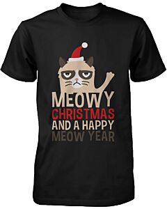 Men's Christmas Graphic Tees - Cute Grumpy Cat Meowy X-mas Black T-shirt