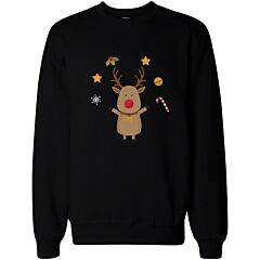 Cute Rudolph Christmas Graphic Design Printed Black Sweatshirt