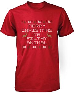 Funny X-mas Graphic Tee - Merry Christmas Ya Filthy Animal Red Cotton T-shirt